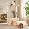 45 Inch Solid Wood Cat Tree, Modern Cat Tower for Indoor Cats, Cat Condo with Single Tunnel, Sisal Scratching Posts, High Perch Platform, Washable Cushion, Hanging Balls, Natural by REGMUSE