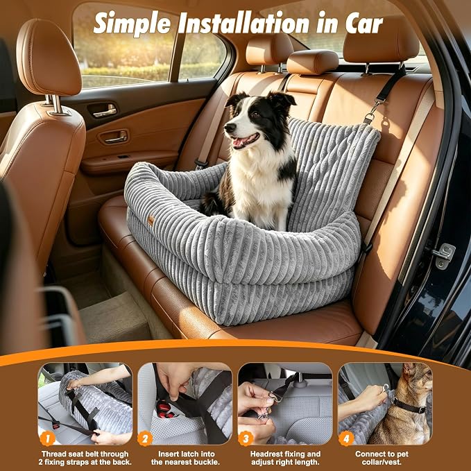 Pawaboo Dog Car Seat Bed, Memory Foam Booster for Medium/Large Dogs, Gray | Rear-seat pet travel bed with washable cover, safety leashes, thick cushion, and room for 2 small dogs - Image 5