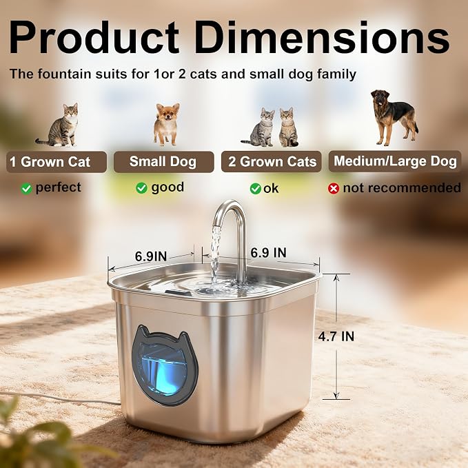 Homtyler Luxury Automatic Cat Water Fountain for Pets, 2.2L/74oz Stainless Steel Dog Water Dispenser with Filter, BPA Free & Silent, Featuring LED Light, Easy Clean & Cat View Window Black - Image 3