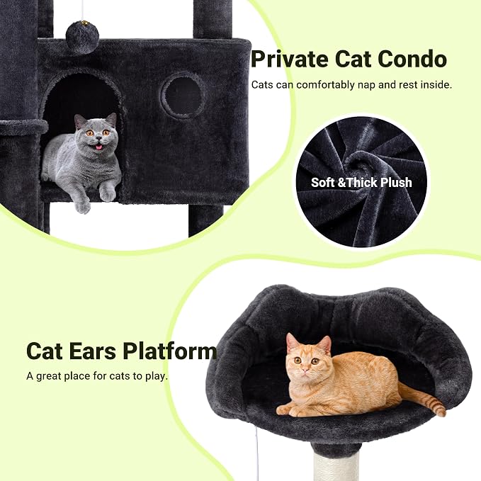 Allewie 64 Inches Multi-Level Cat Tree Tower for Indoor Cats, Dark Grey | Activity Center for Big Felines, 2 Plush Condos, 2 Perches, Cozy Basket, House, Sisal Scratching Posts, Hanging Cat Toys - Image 6