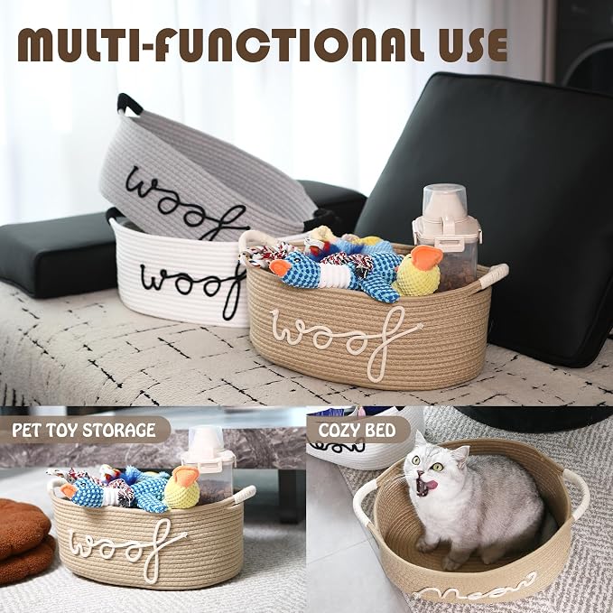 Sea Team Dog Toy Storage Basket with Handles, Beige Woof | Large Cotton Rope Storage Bin, Shelf Basket, Organizer for Pet Chew Toys, Foods, 16.5 x 11 x 7 Inches, 4.4 Gallons - Image 6