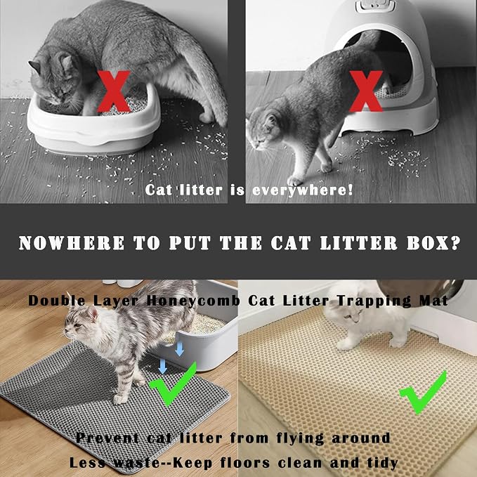 HCY&WLD 2-Pack Cat Litter Mat, Double Layer Honeycomb Waterproof Urine Proof Non-slip Litter Trapping Mat, Less Waste, Easy to Clean Cat Litter Box Mat, Kitten Indoor Supplies (Gray, 20x16 Inches) - Image 2