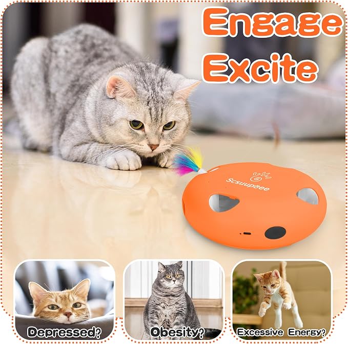 Cat Toys, Rechargeable Interactive Cat Toy, Orange | Smart Sensor Pop-Up Feather Toy with 7 Holes, USB Powered Automatic Kitten Toy for Indoor Cats - Image 3