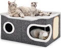 Shikha Extra Large Cat House Bed for Multi Cats with Scratch Pad Grey | 24 x 17.7 x 12.6 IN Widen Cat Cave Cube for Multi Pets, Foldable, Arc-Edge Design, Oval Door, All Seasons Reversible Cushion by Shikha