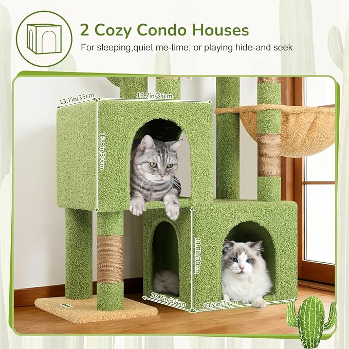 Globlazer 52in Cactus Cat Tree Tower for Indoor Cats, 2 Condos, S52, Green | Multi-Level Plush House, 5 Sisal Scratching Posts, 2 Padded Top Perches, Big Metal Basket, Stable Enlarged Base - Image 3