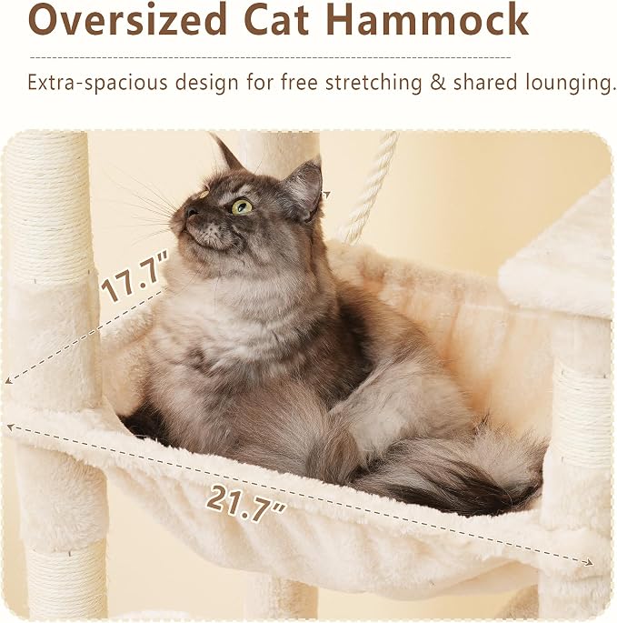 Heybly 64.2" Heavy-Duty Cat Tree for Large Cats with Wide Base HCT027M | Indoor Cat Tower with Scratching Posts & Board, Cat Furniture with Big Platforms, Extra-Large Hammock, Beige - Image 5