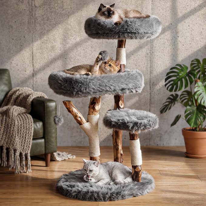Real Branch Cat Tree, Natural Wood Cat Tower for Indoor Cats | Real Tree Branches no Processed Wood, 44 lbs Capacity, Premium Faux Fur Perches, 23.6" Anti-Tip Base, 30-Min Assembly by Purrlato