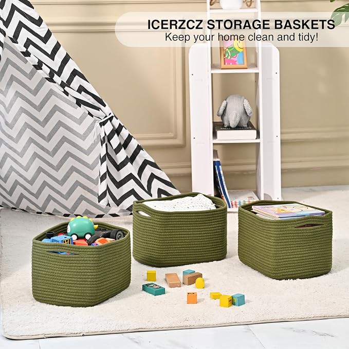 ICERZCZ Storage Basket for Shelves, Small Baskets for Organizing, Woven Cotton Rope Baskets for Storage, Book Basket, Decorative Shelf Basket, 12.5"Lx9.1''Wx7.9''H (4 Packs) Green - Image 6