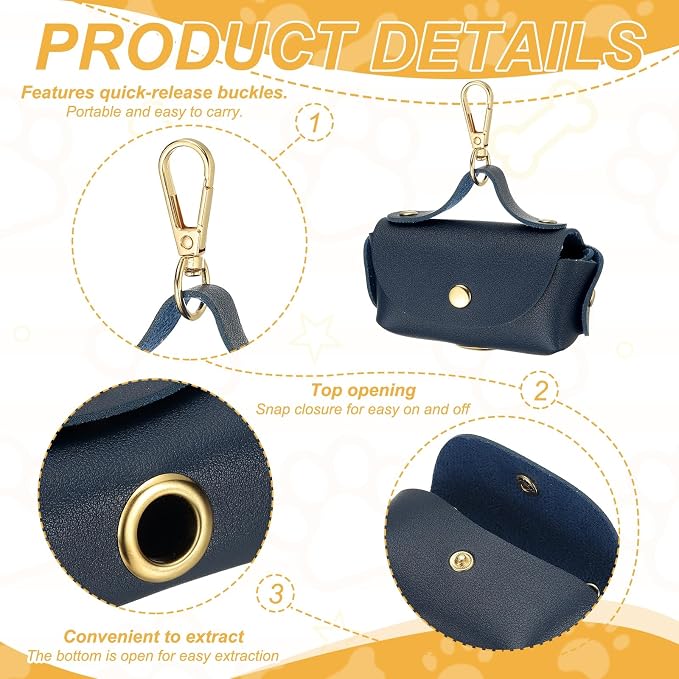 Dog Poop Bag Holder, Leather Pet Waste Bag Dispenser for Leashes Portable Reusable Easy Cleanup Pouch(1Pcs, Navy Blue), Intended for Outdoor/Travel/Walking with Dog - Image 3
