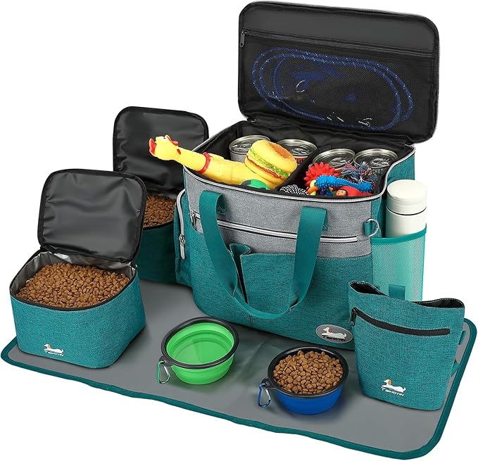 Dog Travel Bag for Pet Kit for Supplies with 2 Food Storage Containers 2 Collapsible Bowls 1 Feeding Mat 1 Dog Treat Pouch 7-Piece Set Perfect Road Trips Camping Weekend (Teal) by Unknown