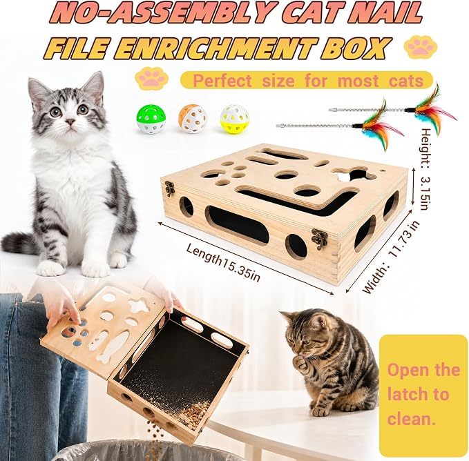 Cat Scratch Puzzle Enrichment Box, Interactive Cat Toy for 3 Balls & 2 Wand | Integrated Cat Nail File Scratcher - Stress Free Alternative to Clippers & Grinders for Indoor Cats - Image 5