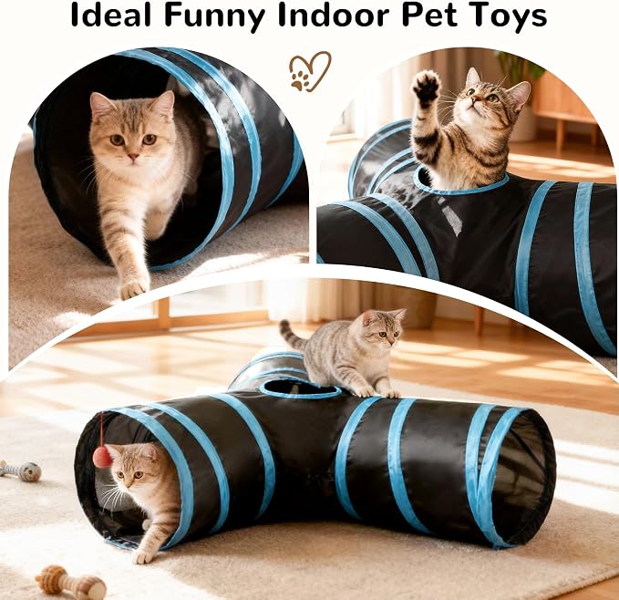 Tempcore Cat Tunnel for Indoor Cats, 3 Way Collapsible Pet Play Tunnel with Teaser Wand, Peek Holes & Hanging Ball, Interactive Tube for Kittens & Rabbits, Black & Blue Large Size - Image 4