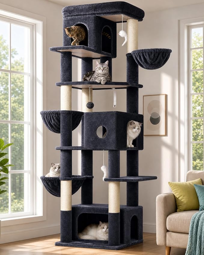 Globlazer Large Cat Tree, 80in Tall Climbing Tower, F80F, Dark Grey | Multi-Level Cat Scratching Tower for Indoor Multiple Large Adult Cats Kittens with 3 Cat Caves, 3 Hanging Baskets by Globlazer