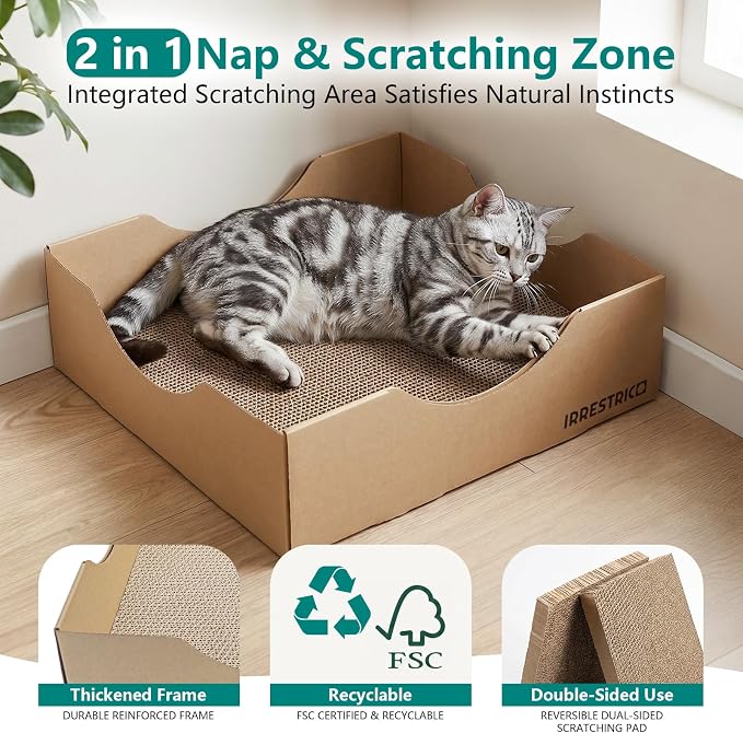 Cardboard Cat House with Replaceable Scratcher & Waterproof Cushion, 2-in-1 Cat Lounge Bed & Scratch Box, Eco-Friendly Cat Furniture Cube Cat Bed for Indoor Cats 13.8" - Image 4