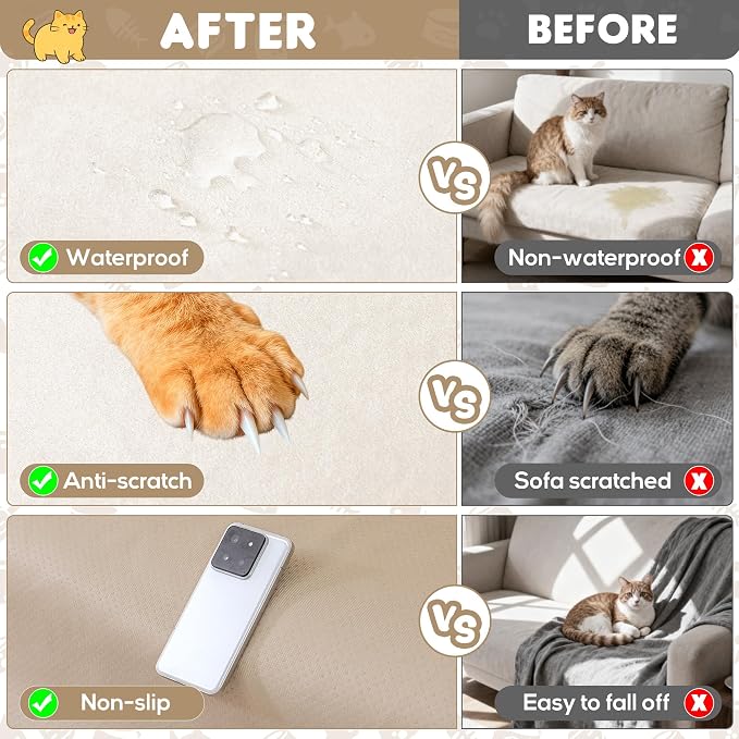 Loiion Cat Scratch Couch Cover Waterproof Sofa Cover 150"x91" Beige | Pet-Friendly Couch Protector, Anti-Scratch & Non Slip Sofa Cover For Cats Dogs Kids, Machine Washable - Image 4