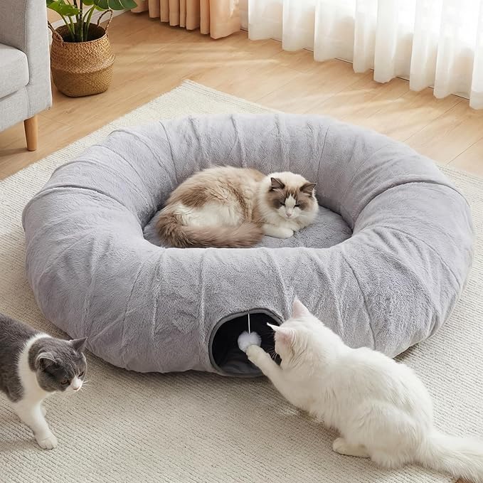 Extra Large Cat Tunnel, 47.2in Multi-Cat Family Big Cat Tunnel for Cats | Long Cat Tunnel Bed with Washable Plush Mat, XXL Pet Play Tunnel Toy for Cats, Puppy, Rabbits Grey by BUMUBI