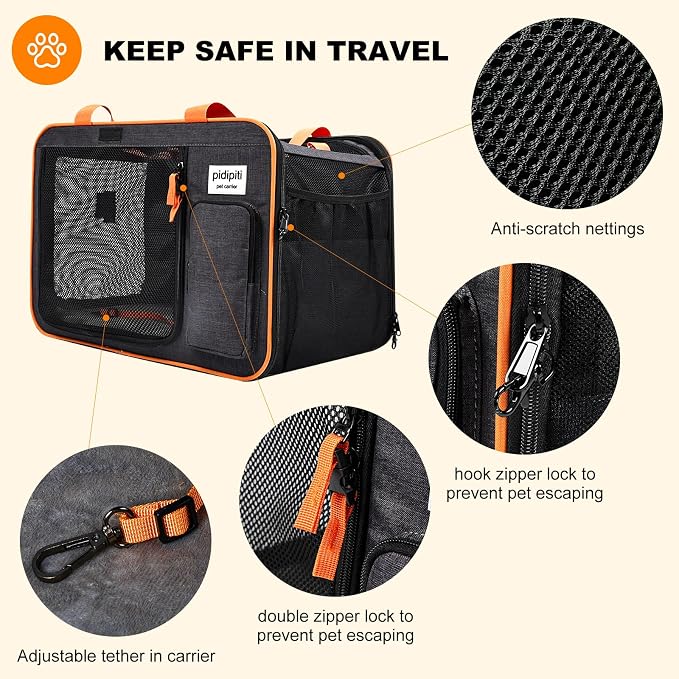 Pidipiti 20x14x14 Expandable car Travel Carrier, with Portable Litter Box | for 1 medium cat,large pet cage or kennel for long road trip,leakproof,with zipper lock,many pockets,good Visibility - Image 6