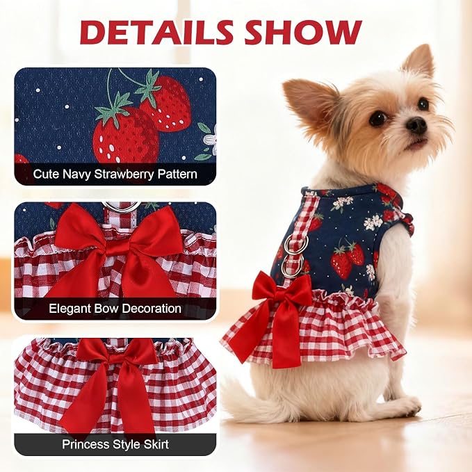 EXPAWLORER Dog Harness Small Medium Sized Dogs, No Choke No Pull Mesh Vest | Strawberry Dog Dress Bowknot Harness & Leash Set Soft Cute Princess Puppy Outfits Clothes Costume for Girls Party Cats Navy M - Image 2