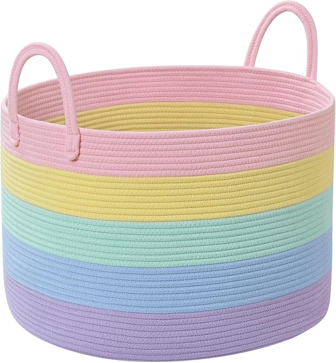 67L Large Rainbow Blanket Basket, Cotton Rope Baby Laundry Hamper with Handles, Kids Toy Basket for Classroom & Nursery, Soft Round Stuffed Animal Storage, Dog Toy Bin - 20"x13", Light Rainbow by Degeyoyo