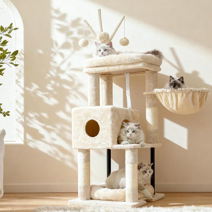 Heybly Cat Tree, 45.3" Cat Tower for Indoor Cats with Large Perch HCT202SM | All-in-One Cat Furniture with Cozy Bed, Hidden Space Cat Condo, Comfy Hammock, Scratching Posts & 3 Pompoms, Beige - Image 9