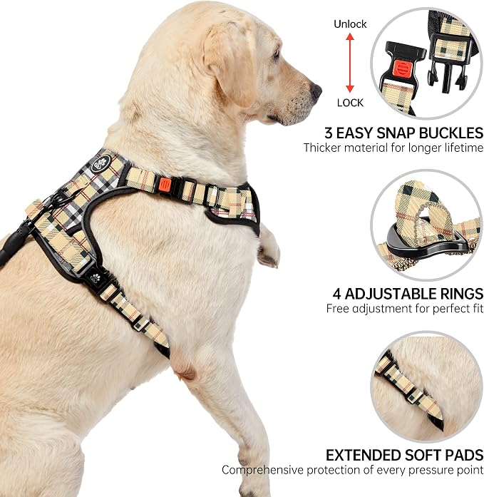 NESTROAD No Pull Dog Harness with Leash, Reflective No Choke Pet Vest Harness,Adjustable Soft Padded Dog Harness with Easy Control Handle for Small Dogs(Checkered Beige,Small) - Image 4