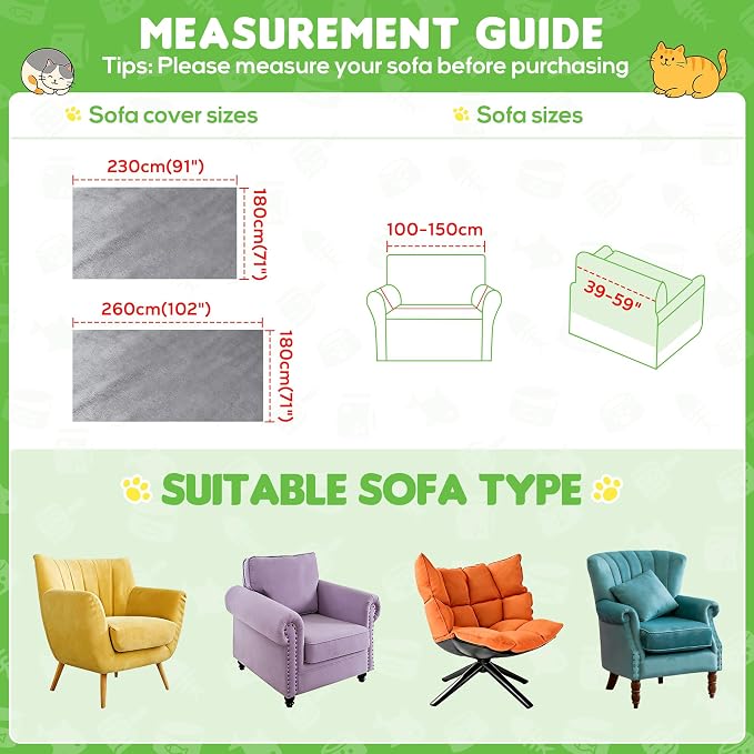 Loiion Cat Scratch Couch Cover Waterproof Sofa Cover 91"X71" Grey | Pet-Friendly Couch Protector, Anti-Scratch & Non Slip Sofa Cover For Cats Dogs Kids, Machine Washable - Image 3