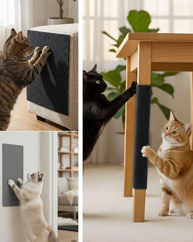 Corner & Wall Cat Scratch Mat, Self-Adhesive Trimmable Cat Scratcher, Wall Mounted Scratching Pad for Indoor Cats, Sofa Furniture Protector, Cat Post Cover Replacement (Black, 23.6''x11.8'', 3-Pack) - Image 4