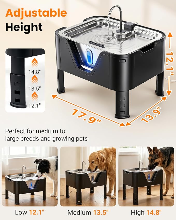 3.17Gal/ 12L Large Dog Water Fountain Elevated Dog Bowls with 3 Filters | 3-Height Adjustable Dog Water Bowl Dispenser, Quiet Stainless Steel Pet Water Fountain for Multi-Pet, Water Level Alert - Image 2