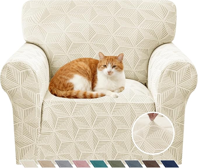 YEMYHOM 1 Piece Stretch Chair Sofa Slipcovers Couch Covers for 1 Seat, Jacquard Armchair Covers with Non-Slip Elastic Bottom, Thickened Furniture Protector for Dogs Pets kids (Small, Beige） by YEMYHOM