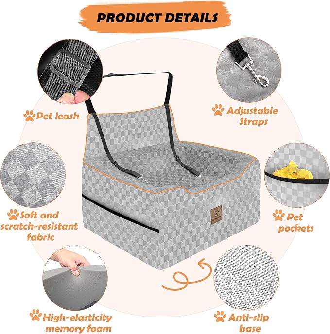 Large Dog Car Seat for Back Seat – Removable Dog Booster Seat & Washable Pet Car Seat for Medium & 2 Small Dogs up to 60lbs – Safety Straps & Storage Pocket – Travel & Home Use (Gray) - Image 7