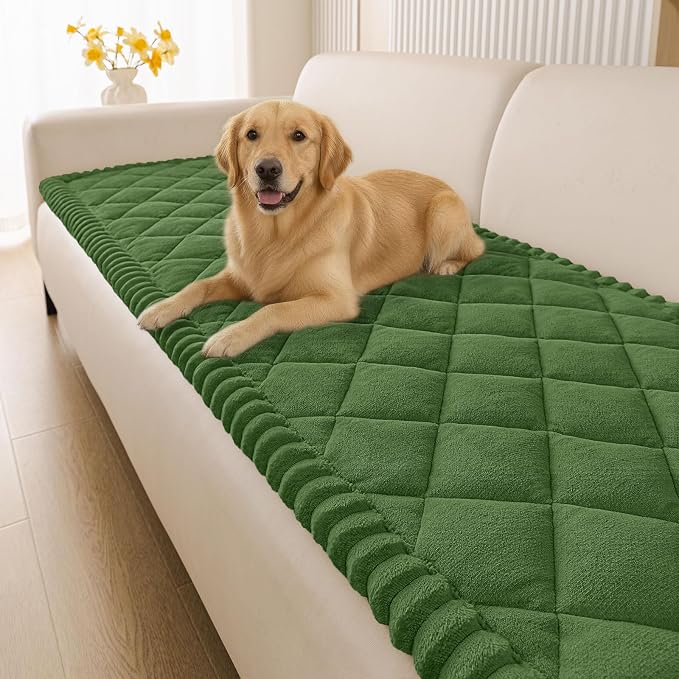 Smiry Non Slip Couch Cover for Dogs, Fuzzy Plush Pet Sofa Protector | Washable Furniture Cover for Large Dogs & Cats, Scratch & Dirt Resistant, For 2 Cushion Couch, Olive Green, 27.6"x47" by Smiry
