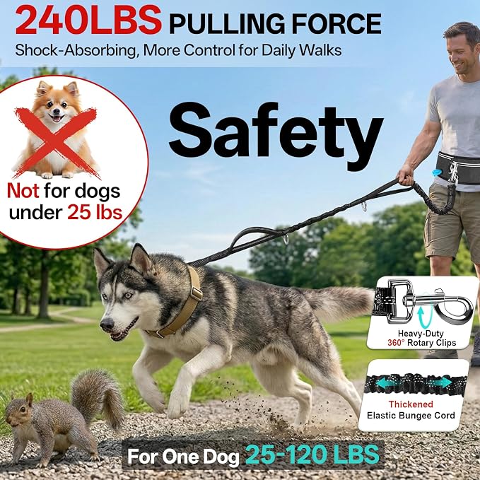 Hands Free Dog Leash, 240LB Heavy Duty Retractable with Fanny Pack | Adjustable Waist Belt, Dog Leash for Walking Running Jogging Hiking Biking Training for Medium,Large 25-120LBS(Not for＜25LBS) - Image 2