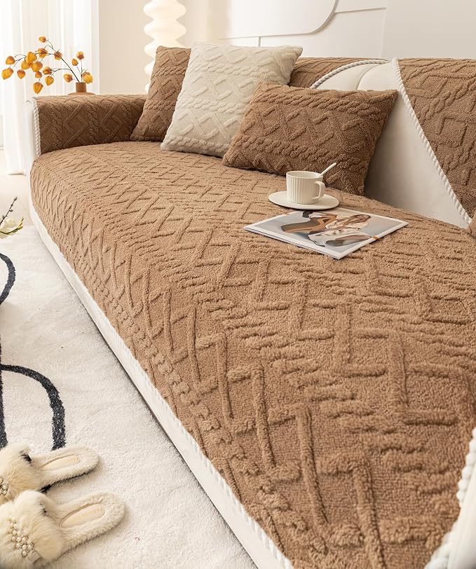 vctops Geometric Jacquard Plush Sofa Couch Covers Farmhouse Neutral Non Slip Sectional Couch Cover Soft Warm Sofa Slipcover for Dogs, Children, Pets Furniture Protector (Coffee,43"x63") - Image 6