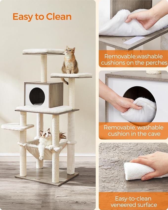 Feandrea Cat Tree, 56.3-Inch Modern Cat Tower, Multi-Level Plush Condo with Scratching Posts, Hammock, Washable Cushion, Heather Greige UPCT164G01 - Image 3
