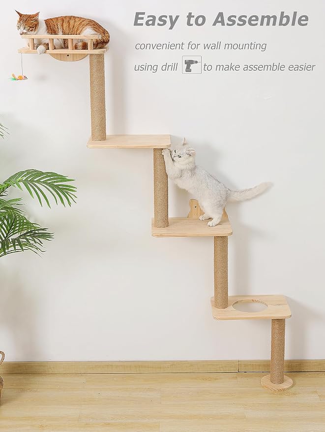 Cat Tree Wall Mounted with 4 Levels Shelves, 73" Wood Corner Tower Inside Kitten Scratching Post for Climbing,Perching and Lounging (Right to Left) - Image 4