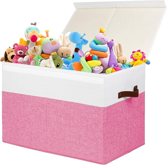 Large Toy Storage Box with Lid, Toy Chest Bin Boxes Basket with Dividers | Sturdy Toy Organizer Bin for Kids, Boys, Girls, Nursery, Living Room, Bedroom, Playroom 25"x13" x16" (Pink and White) by Gowee