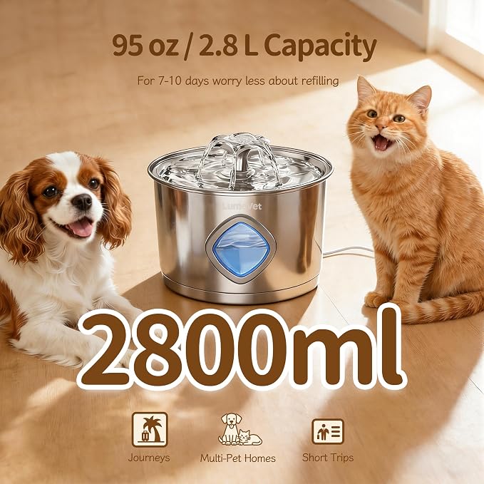 Cat Water Fountain Stainless Steel, 2.8L Quiet Dog Water Fountain | Automatic Quiet Pet Drinking Fountain, Water Level Window, 8 Filters & 8 Sponges - Gift for Small Animals like Dog & Kitty - Image 6