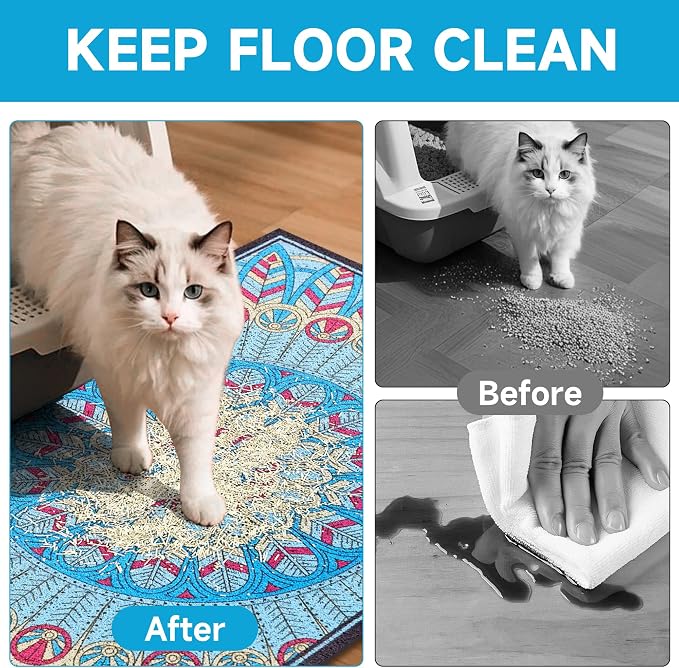 Cat Litter Mat, 35" x 23" Litter Box mat, Traps 100% Litter, Non-Slip Kitty Litter Trapping mats, Large Cute Litter mat, Easy Clean for Scatter Control, Bohe cat Food mat, Urine Waterproof - Image 3