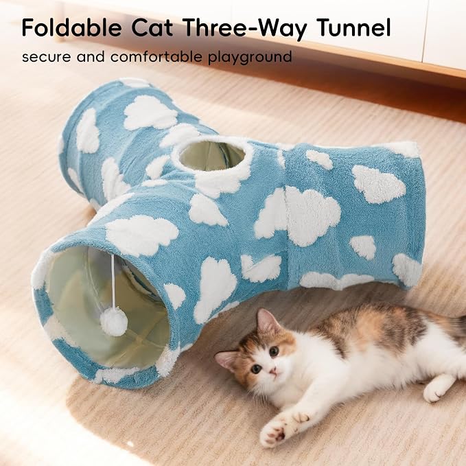 Tempcore Flannel Cat Tunnel for Indoor Cats, 3 Way Collapsible Pet Play Tunnel with Teaser Wand, Peek Holes & Hanging Ball, Interactive Tube for Kittens & Rabbits, Blue Cloud - Image 4