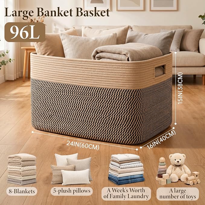 96L XL Large Cotton Rope Basket, Soft Toy Storage Bin for Nursery & Living Room, Decorative Blanket Basket for Bedroom, Baby-Safe Organizer for Pillows &Laundry, 24''×16''×15'', Brown & Black - Image 2