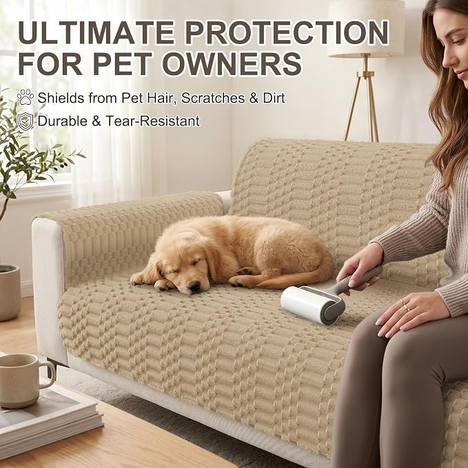 Smiry Waterproof Couch Covers for Dogs Washable, Non Slip Pet Sofa Cover | Plush Scratch Resistant Flannel Furniture Protector for Dogs, Khaki, 36" x 82.7" - Image 6