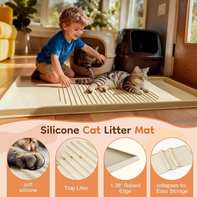 ISSEVE XXL Cat Litter Mat, Extra Large Silicone Litter Box Mat, Beige | 54" x 27.5" XXL, 1.38" Raised Edge, Urine Proof, Litter Trapping Mat for Scatter Control, Soft on Kitty Paws, Protect Floor - Image 4