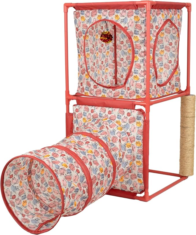 Kitty City Cozy Cube Retreat Cat Tower with Tunnel, Scratching Post & Hanging Toy, Dual-Level Indoor Cat Play Furniture for Climbing, Hiding & Lounging, Red by KittyCity