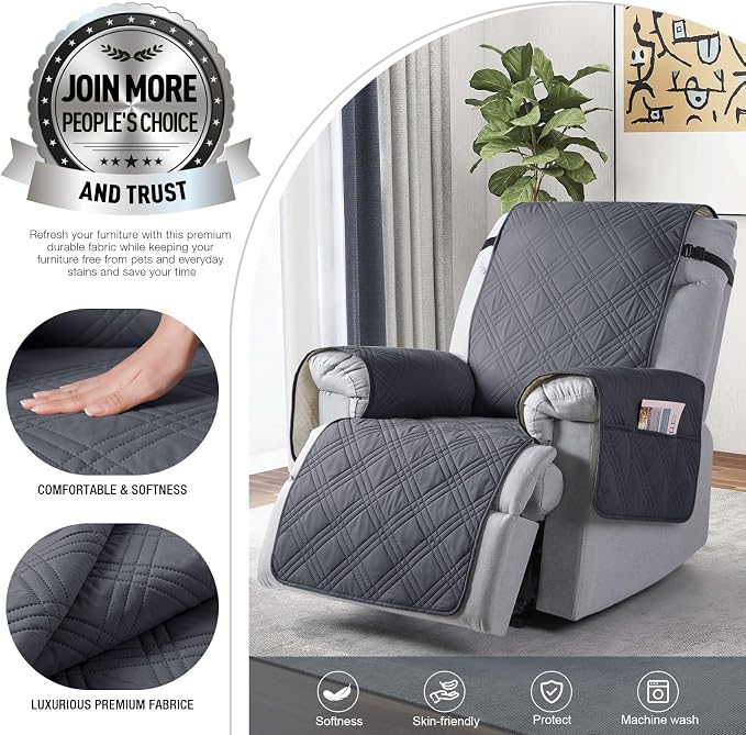 TAOCOCO 100% Waterproof Recliner Chair Cover, Non Slip Oversized Recliner Covers for Recliner Chair with Pocket, Reclining Chair Cover Furniture Protector for Kids, Pets(28'', Dark Grey) - Image 2