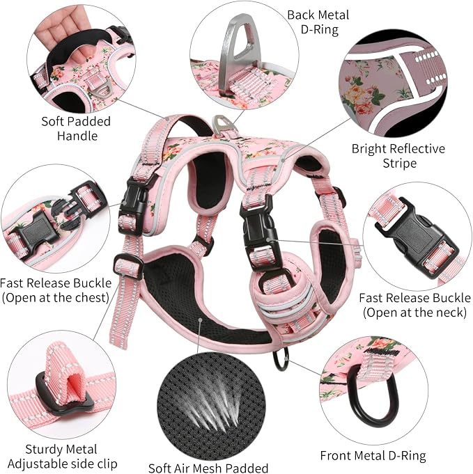 Timos Small Dog Harness, No Pull No Choke, Easy On & Off, Flower Pink, XS | Adjustable Reflective Soft Padded, Neck Quick Release with 3 Buckles, Front & Back 2 Clips and Handle for Walking Training - Image 4