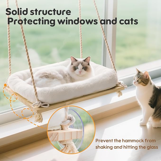 Cat Window Perch Hammock with Solid Wood Seat & Plush Cushion | 4 heavy-duty suction cups, comfortable indoor cat bed & perch, sturdy wooden window seat, space-saving cat hammock - Image 7