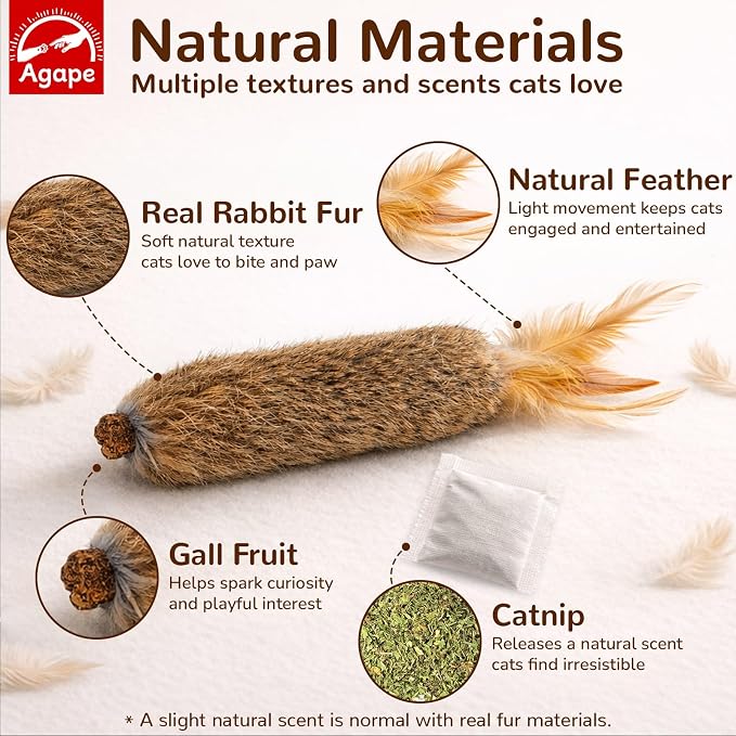 Agape Rabbit Fur Cat Toys with Catnip & Silvervine Gall Fruit, Chew Toys | 3-Pack Soft Furry Cat Toys for Indoor Cats and Kittens, Great for Biting, Chasing, Bunny Kicking and Self Play - Image 2