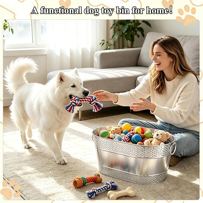 Indestructible Metal Dog Toy Storage Bin, Silver Pet Toy Storage Basket for Living Room Area, Sturdy Chew Proof Puppy Toy Box with Handle, Large Capacity 25 Quart - Image 7