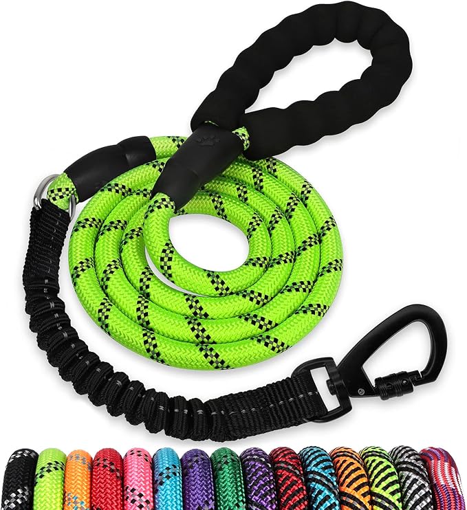 Rope Dog Leash 6 FT: Heavy Duty Leashes with Swivel Lockable Hook Reflective Threads Bungee and Padded Handle - Dog Lead for Large Small Medium Dogs Outside Walking Hiking Green by jenico