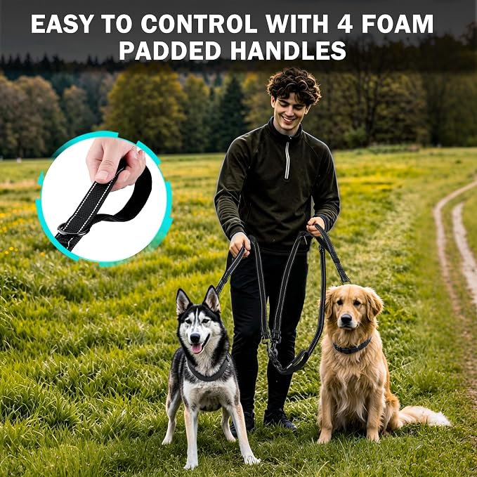 Uppetly Double Dog Leash for 2 Dogs, No Tangle Dual Leashes for Walking with Adjustable Length, Reflective Stitching and 4 Comfortable Padded Handles (Large, Black) - Image 7